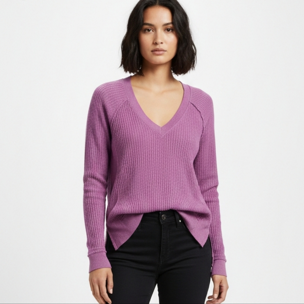 NWT Time and Tru Purple Thermal V-Neck Top Boho Hippie Casual S